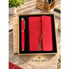 Tubas Gift Yaprak Baskılı Deri Defter Kalem Seti Özel Kutulu Metal Touchpen Kalemli Şık Tasarım Not Defteri Seti