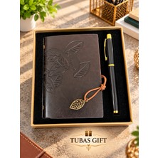 Tubas Gift Yaprak Baskılı Deri Defter Kalem Seti Özel Kutulu Metal Touchpen Kalemli Şık Tasarım Not Defteri Seti