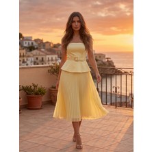 Milestone Sarı Straplez Peplum Kemerli Tül Pliseli Midi Elbise
