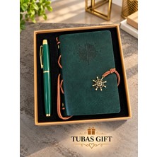 Tubas Gift Pusula Baskılı Deri Defter Kalem Seti Özel Kutulu Metal Touchpen Kalemli Şık Tasarım Not Defteri Seti