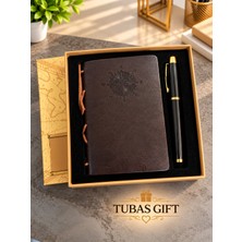 Tubas Gift Pusula Baskılı Deri Defter Kalem Seti Özel Kutulu Metal Touchpen Kalemli Şık Tasarım Not Defteri Seti