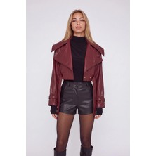 Holly Lolly Neeko Deri Kadın Ceket Bordo Crop Model Astarlı Kemerli Regular Kalıp Şıklığı