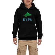 Z zepplin Göktürkçe Türk Kurtlu Mavi Yeşil Siyah Çocuk Kapşonlu Sweatshirt