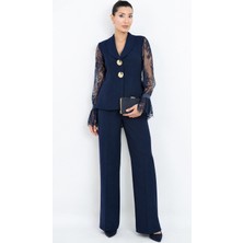 Dorne Moda Özel Seri Dantel Kollu Gold Düğmeli Şık Pantolonlu Ikili Takım