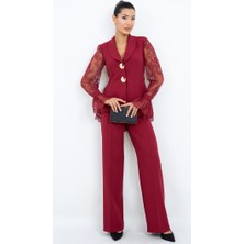Dorne Moda Özel Seri Dantel Kollu Gold Düğmeli Şık Pantolonlu Ikili Takım