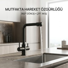 Softhydra 3 Yollu 360° Döner Mutfak Bataryası Mat Siyah Paslanmaz Çelik