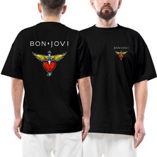 Z zepplin Bon Jovi Hearth Text Ön Arka Baskılı Siyah Oversize Tişört