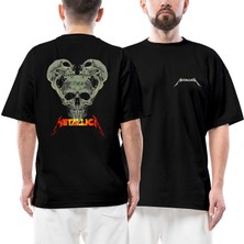 Z zepplin Metallica 3 Skull Heads Ön Arka Baskılı Siyah Oversize Tişört