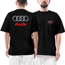 Z zepplin Audi Logo Text Ön Arka Baskılı Siyah Oversize Tişört