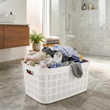Toyigoo 35 Lt Örgü Desenli Plastik Çamaşır Sepeti, Krem Rengi Temiz Çamaşır Selesi, Kulplu Büyük Boy Banyo ve Çamaşır Odası Düzenleyici Kirli ve Temiz Çamaşır Sepeti (Beyaz)