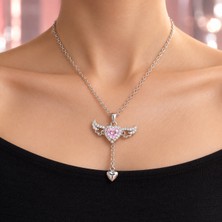 Pembe Kalp Taşlı Kanat Detaylı Sallantılı Gümüş Renk Kolye