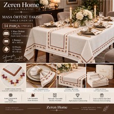 Zeren Home Zeren Nakış Pikolu Krem Renk Kutulu Masa Örtüsü Takımı – 1 Runner ve 12 Peçete Çeyizlik Sofra Seti