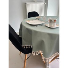 Zeren Home Saçak Püskül Detaylı Sıvı Geçirmez Yuvarlak Masa Örtüsü Ada Çayı