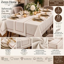 Zeren Home Bronz Pikolu Krem Renk Kutulu Masa Örtüsü Takımı – 1 Runner ve 12 Peçete Çeyizlik Sofra Seti