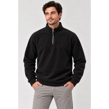 Tarz Yeri Erkek Polar Dik Yaka Yarım Fermuarlı Uzun Kollu Regular Fit Kışlık Sweatshirt - Siyah