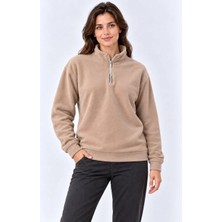 Tarz Yeri Kadın Polar Dik Yaka Yarım Fermuarlı Uzun Kollu Regular Fit Kışlık Sweatshirt - Bej