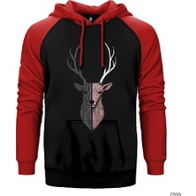 Z zepplin Geyik Çizim Kırmızı Renk Reglan Kol Kapşonlu Sweatshirt