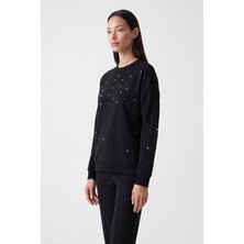 Fashion Friends Baskılı Taş Detaylı Siyah Kadın Sweatshirt 26K0151K1