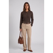 Fashion Friends Saç Örgülü Polo Yaka Kahverengi Kadın Bluz 26K0208K1