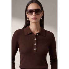 Fashion Friends Polo Yaka Kahverengi Kadın Bluz 26K0149K1