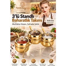 Creatividad Solutions Gold  3'lü Standlı Baharatlık Tuzluk Takımı Kristal Kulplu Şık Lüks Sosluk Seti  18/10 Paslanmaz Çelik 723754