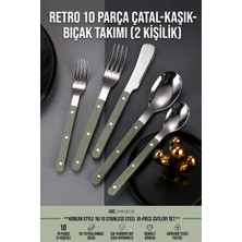 Creatividad Solutions Kore Stili Retro 18/10 Paslanmaz Çelik 10 Parça Çatal Kaşık Bıçak Seti, Yeşil Karbon Saf Saplı 2 Kişilik Yemek Takımı 723565