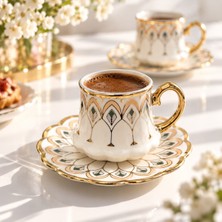 Decoform 6 Kişilik Porselen Kahve Fincanı Seti Geometrik Lotus Desenli, Gold Yaldız Detaylı Şık Fincan Takımı