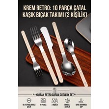 Creatividad Solutions Kore Stili Retro 18/10 Paslanmaz Çelik 10 Parça Çatal Kaşık Bıçak Seti, Krem  Karbon Saf Saplı 2 Kişilik Yemek Takımı 723566