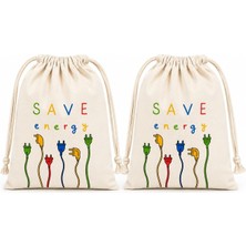 Str Store Save Energy Baskılı Bez Kese 15X20 cm 2'li Set - Ipli Pamuklu Çok Amaçlı Saklama Kesesi, Kablo Düzenleyici, Hediye Kesesi