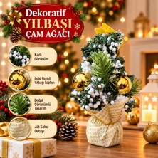 Dekoratif Mini Yılbaşı Çam Ağacı Gold Toplu – Karlı Görünümlü Jüt Saksılı Masaüstü Yılbaşı Süsü