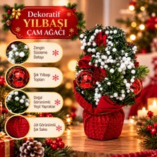 Dekoratif Mini Yılbaşı Çam Ağacı Kırmızı Beyaz Süslemeli – Saksılı Masaüstü Yılbaşı Ağacı