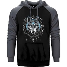 Z zepplin Mavi Mistik Hilal Süslemeli Bozkurt Baskılı Çift Renk Reglan Kol Sweatshirt / Hoodie