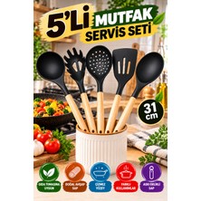 Open Home Concept 5'li Mutfak Servis Seti Ahşap Saplı 31 cm Kepçe Kevgir Spatula Makarna ve Servis Kaşığı Mutfak Seti!