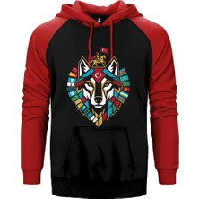 Z zepplin Totem Tarzı Bozkurt Amblemi Baskılı Kırmızı Renk Reglan Kol Kapşonlu Sweatshirt