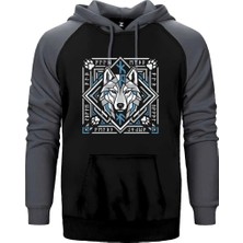 Z zepplin Geometrik Çerçeveli Kurt Başı Baskılı Gri Renk Reglan Kol Kapşonlu Sweatshirt