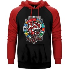 Z zepplin Kırmızı Bayraklı Kalkan Amblem Bozkurt Baskılı Çift Renk Reglan Kol Sweatshirt / Hoodie