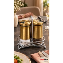 Bymyhand Paslanmaz Çelik Cam 3 Parça Gold Ev Lokanta ve Restoran Için Tuzluk ve Karabiberlik 2'li Set