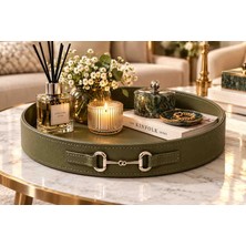 Visionario Home Yuvarlak Deri Tepsi 36 cm – Haki Yeşil, Dekoratif Sunum ve Düzenleyici Tepsi