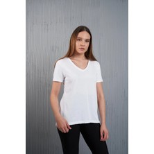City Center Fashion Kadın V Yaka Yırtmaç Detaylı Basic T-Shirt CTY-ABR-10391