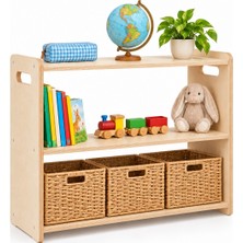 Vecta Montessori Ahşap Oyuncak Dolabı ve Çocuk Kitaplığı – 2 Katlı, Çift Taraflı Açık Raf
