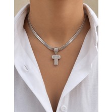 Fm 💎 Premium Gümüş Renk Parlak Taşlı 316L Çelik Silver T Harf Kolye (45cm)