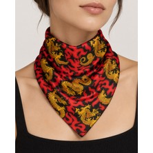 Herşey Nota Ejderha Desenli Siyah Kırmızı 52X52 cm %100 Pamuk Fular Bandana Unisex