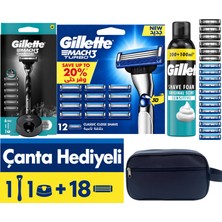 Gillette Mach3 Charcoal 1 Makine + 18 Başlık (6 Charcoal + 12 Mach3 Turbo) + Stand + 300 ml Köpük, Çanta Hediyeli Tıraş Seti