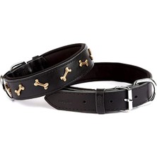 Vera Concept Store Konforlu Gerçek Deriden El Yapımı Kemik Süslü Köpek Boyun Tasması, 4X47-55 Cm, Siyah