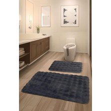 Vera Concept Store Bubble Tavşan Tüyü, Kaymaz Taban, Pofuduk, Ultra Lüks, Yıkanabilir 2'li Banyo Paspası (Antrasit)
