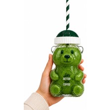 Vera Concept Store Ayıcık Cam Bardak 500 ml Şeffaf Kalın Cam Kağıt Pipetli Soğuk Içecek, Kahve, Detoks ve Frozen Için Uygun Yeşil