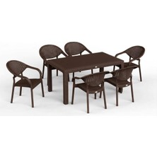Vera Concept Store 90 x 150 Bambu Plastik Rattan Camsız Bahçe Balkon Teras Masa Sandalye Takımı 6 Kolçaklı Sandalyeli (Kahverengi)