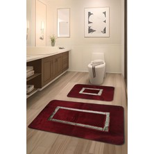 Vera Concept Store Meram Kaymaz Taban,emici 2'li Ultra Lüks Deri Detaylı Banyo Paspası Seti Kırmızı-Gold