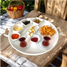 Vera Concept Store Eceaksesuar Ahşap Kulplu 50 cm Yuvarlak Metal Tepsi Kahvaltı Çay Kahve Sunum Tepsisi Beyaz 48 x 48