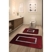 Vera Concept Store Meram Kaymaz Taban,emici 2'li Ultra Lüks Deri Detaylı Banyo Paspası Seti (Kırmızı-Gümüş)